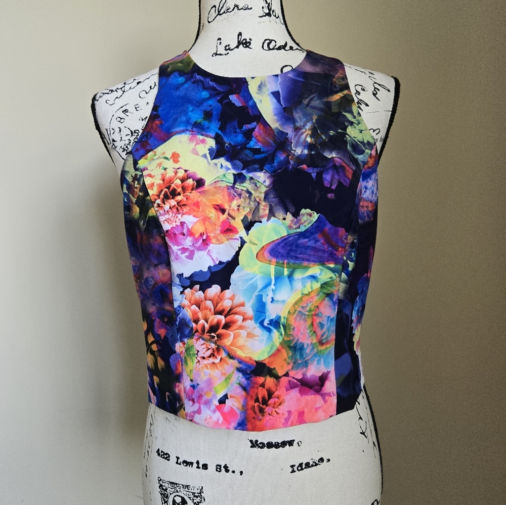 Bardot crop top sleeveless floral artsy womens M